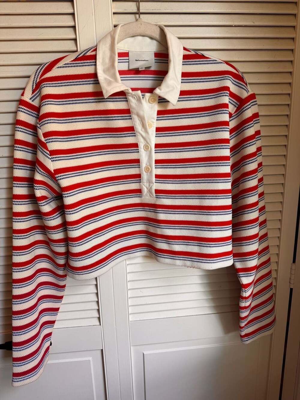 Reformation Anna Rugby Shirt In Red And Blue Stripe XS - Picture 2 of 4